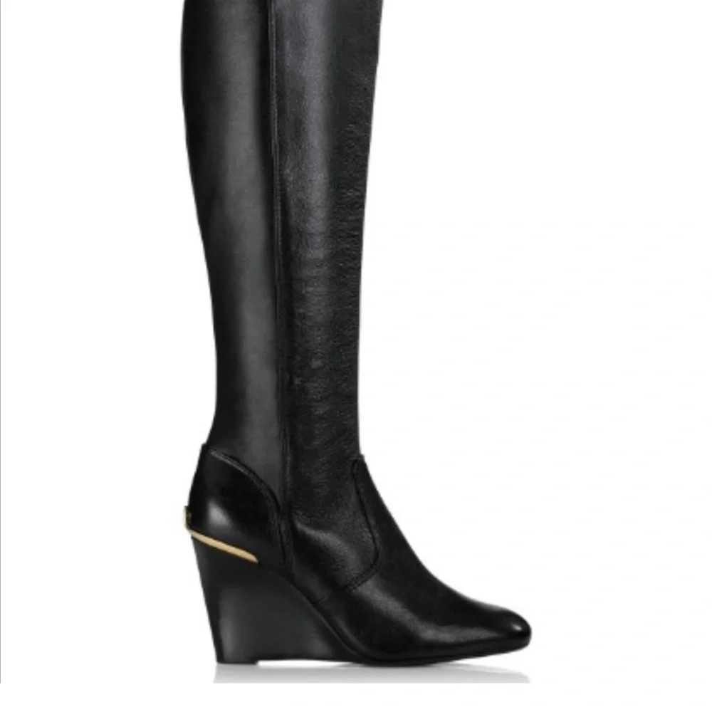 Tory Burch Black Over the Knee Boots with Gold Detail